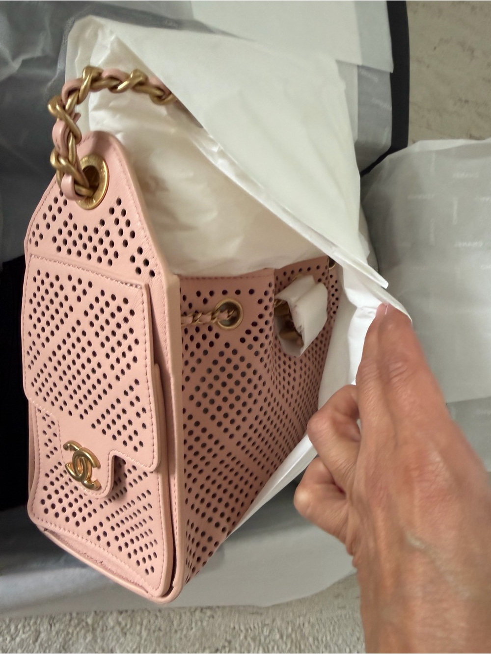 CHANEL Pink Perforated Leather Small Shoulder Bag with Gold Hardware